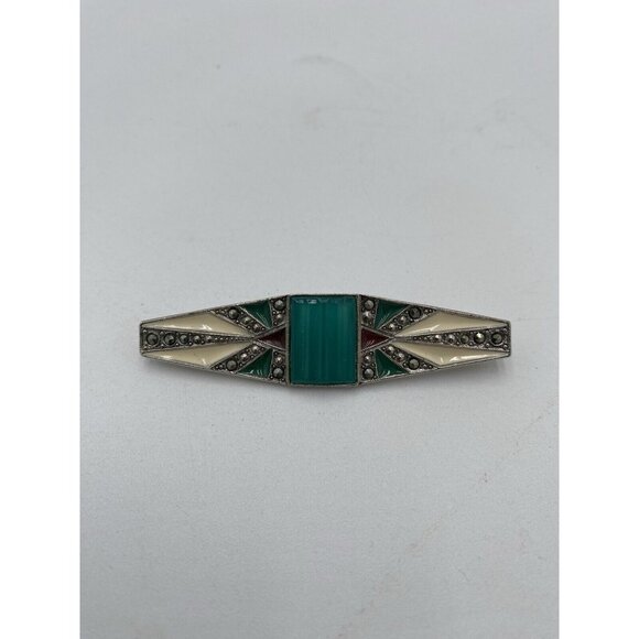Unbranded Jewelry - Vintage Silver Tone Turquoise Pin Brooch Bar Rhinestone Jewelry Scarf  2.5" Long